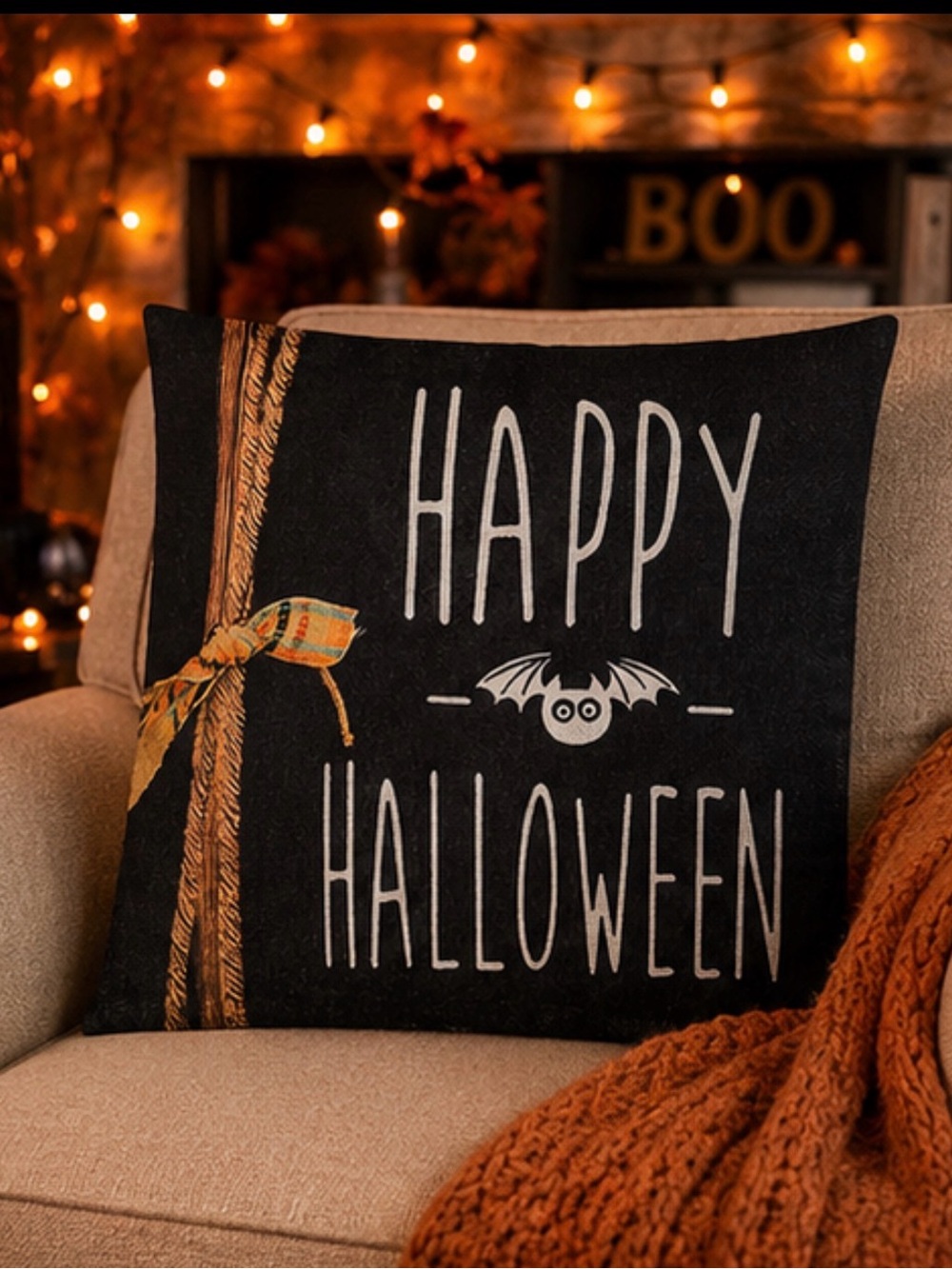 Decorative Halloween throw pillow COVER “Happy Halloween” with bat